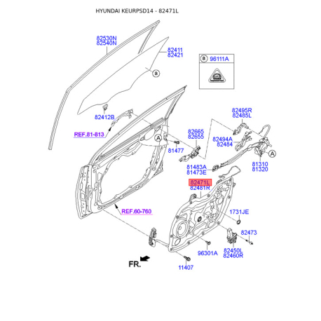 Підйомний пристрій для вікон лівий 82471-3X011 Mobis - 824713X011 - схема з каталогу 82471L, KEURPSD14 824713X011