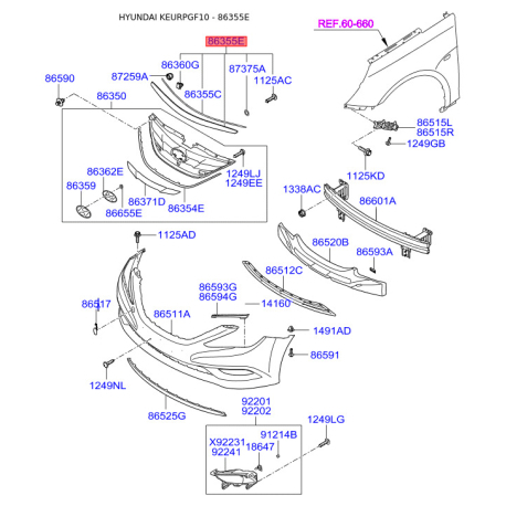 Молдинг порога, бампера и крыла верхний 86355-3S100 Mobis - 863553S100 - схема с каталога 86355E, KEURPGF10 863553S100