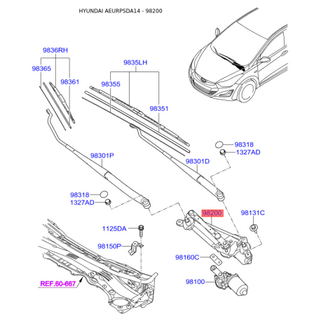 Привід склоочисника, система очищення вікон 98120-3X000 Mobis - 981203X000 - схема з каталогу 98200, AEURPSDA14 981203X000