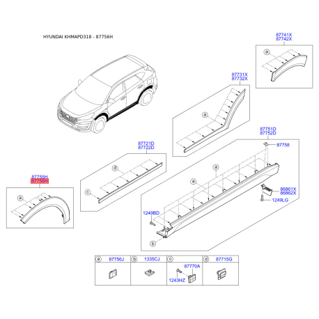 Накладка арки колеса наружная пластиковая правая 87712-D3000CA Mobis - 87712D3000CA - схема с каталога 87756H, KHMAPD318 87712D3000CA