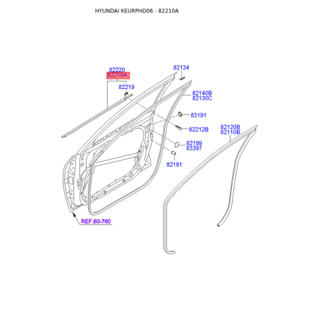 Уплотнитель (уплотнение) двери левый 82210-2H000 Mobis - 822102H000 - схема с каталога 82210A, KEURPHD06 822102H000