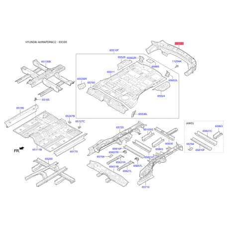 Лонжерон пола багажника 65910-2W000 Mobis - 659102W000 - схема с каталога 69100, AHMAPDMA12 659102W000