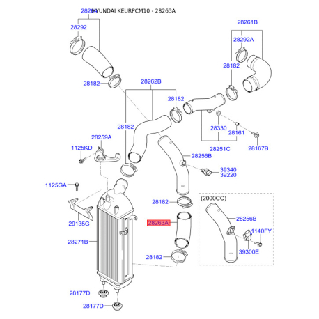 Шланг (патрубок) компрессора 28263-2F051 Mobis - 282632F051 - схема с каталога 28263A, KEURPCM10 282632F051