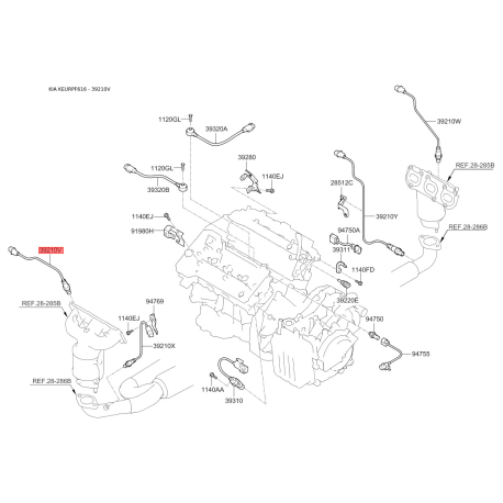 Датчик кислорода (лямбда зонд) передний 39210-3CAA0 Mobis - 392103CAA0 - схема с каталога 39210V, KEURPF616 392103CAA0