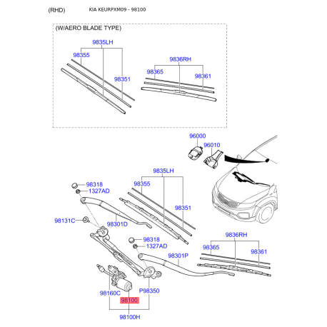 Двигун склоочисника 98110-2P000 Mobis - 981102P000 - схема з каталогу 98100, KEURPXM09 981102P000