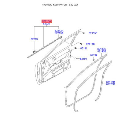 Ущільнення дверей ліве 82210-3K000 Mobis - 822103K000 - схема з каталогу 82210A, KEURPNF08 822103K000