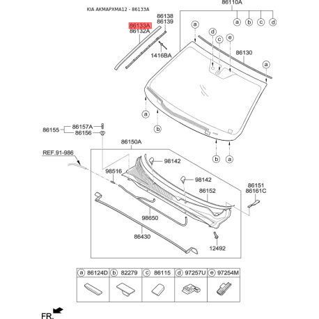 Молдинг (ущільнювач) лобового скла лівий 86131-2P020 Mobis - 861312P020 - схема з каталогу 86133A, AKMAPXMA12 861312P020