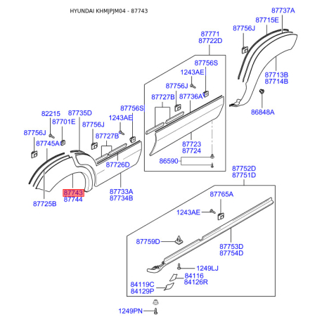 Кріплення підкрилка і бризковика ліве 87743-2E001 Mobis - 877432E001 - схема з каталогу 87743, KHMJPJM04 877432E001