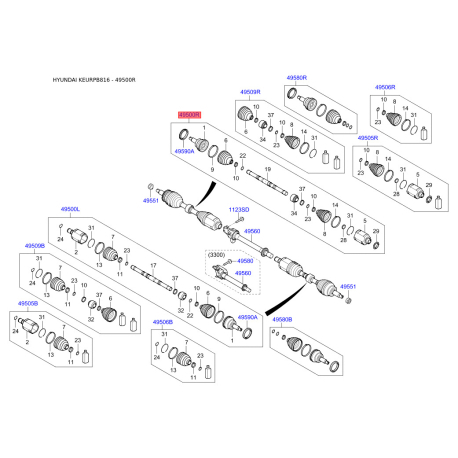 Полуось (приводной вал) правая 49501-2W080 Mobis - 495012W080 - схема с каталога 49500R, KEURPB816 495012W080