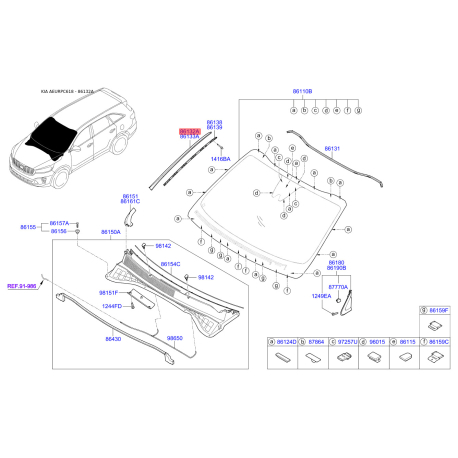 Молдинг (уплотнитель) лобового стекла правый 86132-C5000 Mobis - 86132C5000 - схема с каталога 86132A, AEURPC618 86132C5000