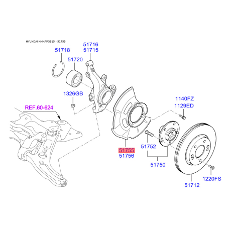 Защита (пыльник, щит) поворотного кулака левая 51755-A5000 Mobis - 51755A5000 - схема с каталога 51755, KHMAPGS15 51755A5000