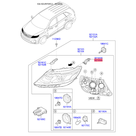 Кріплення фари, освітлення праве 92142-2P500 Mobis - 921422P500 - схема з каталогу 92164A, KEURPXM12 921422P500