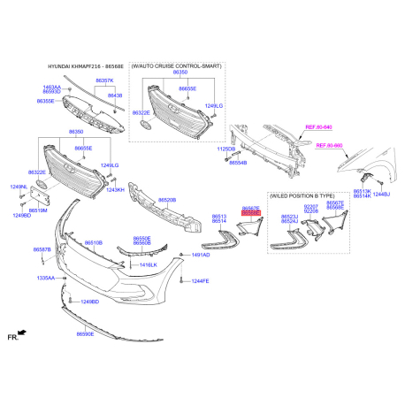 Воздуховод в бампере правый 86568-F2000 Mobis - 86568F2000 - схема с каталога 86568E, KHMAPF216 86568F2000