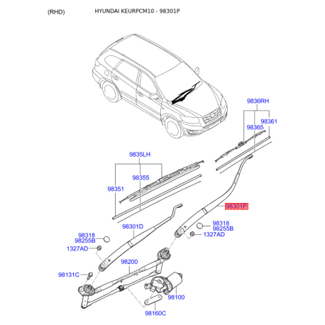 Важіль склоочисника 98320-2B000 Mobis - 983202B000 - схема з каталогу 98301P, KEURPCM10 983202B000