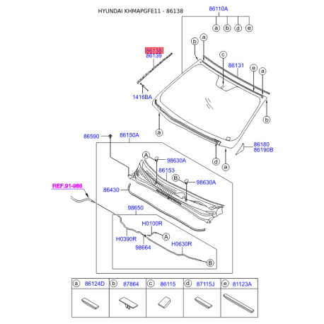 Молдинг (ущільнювач) лобового скла лівий 86138-3S000 Mobis - 861383S000 - схема з каталогу 86138, KHMAPGFE11 861383S000