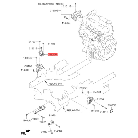 Кронштейн, підвіска двигуна 21825-2P900 Mobis - 218252P900 - схема з каталогу 21820M, KRUSPC518 218252P900