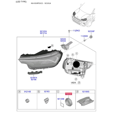 Крышка фары 92140-1W000 Mobis - 921401W000 - схема с каталога 92161A, IEURPSX21 921401W000