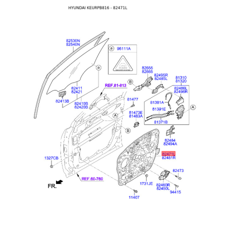 Підйомний пристрій для вікон лівий 82471-2W010 Mobis - 824712W010 - схема з каталогу 82471L, KEURPB816 824712W010