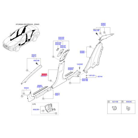 Обивка (накладка) салона правая нижняя 85845-F2000TRY Mobis - 85845F2000TRY - схема с каталога 85845, KRUSPF219 85845F2000TRY
