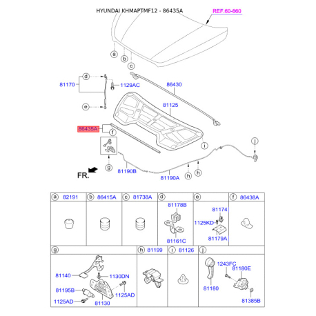 Ущільнювач капота 86435-2S000 Mobis - 864352S000 - схема з каталогу 86435A, KHMAPTMF12 864352S000