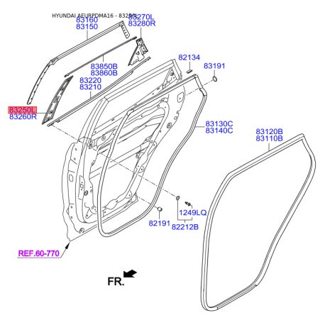 Облицювання / захисна накладка, скло дверей ліве 83250-2W000 Mobis - 832502W000 - схема з каталогу 83250L, AEURPDMA16 832502W000
