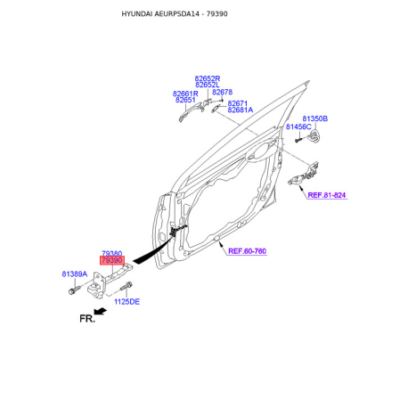 Петля бічних дверей права 79390-3X001 Mobis - 793903X001 - схема з каталогу 79390, AEURPSDA14 793903X001