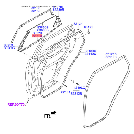 Ущільнювач (прокладка), бічне скло лівий 83210-2W000 Mobis - 832102W000 - схема з каталогу 83210, AEURPDMA16 832102W000