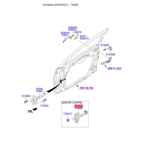 Петля боковой двери левая 79380-3X000 Mobis - 793803X000 - схема с каталога 79380, KEURPSD11 793803X000