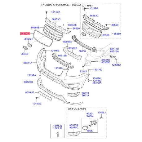 Насадка, решетка радиатора 86352-2B700 Mobis - 863522B700 - схема с каталога 86357A, AHMAPCMA11 863522B700