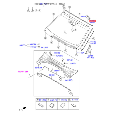 Молдинг (уплотнитель) лобового стекла левый 86131-2W000 Mobis - 861312W000 - схема с каталога 86133, AEURPDMA16 861312W000