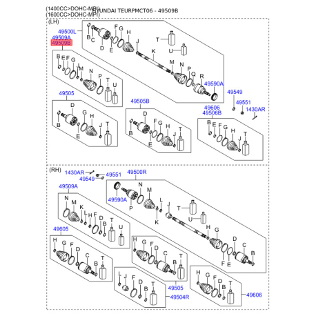 Чохол півосі (пильник) приводного валу лівий 49509-1E010 Mobis - 495091E010 - схема з каталогу 49509B, TEURPMCT06 495091E010