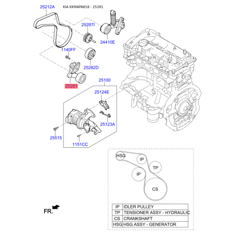 Ролик поліклінового ременя 25281-2E650 Mobis - 252812E650 - схема з каталогу 25281, KKMAPA818 252812E650