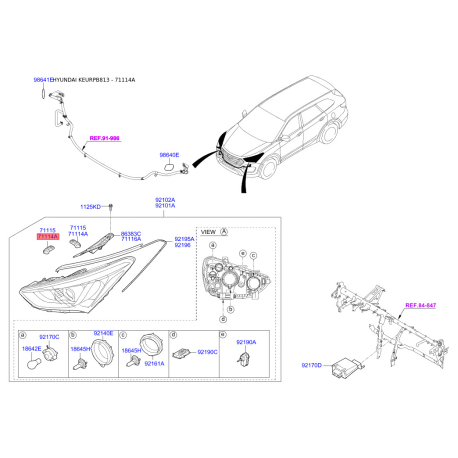 Кріплення фари праве 92141-2W000 Mobis - 921412W000 - схема з каталогу 71114A, KEURPB813 921412W000