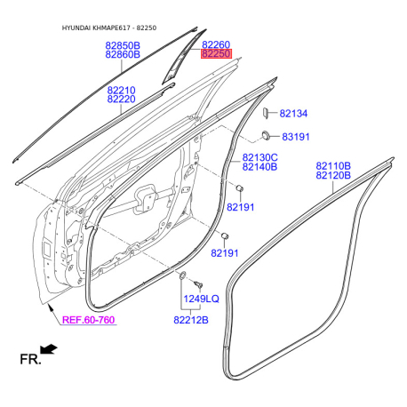 Облицювання / захисна накладка, скло дверей ліве 82250-C1000 Mobis - 82250C1000 - схема з каталогу 82250, KHMAPE617 82250C1000