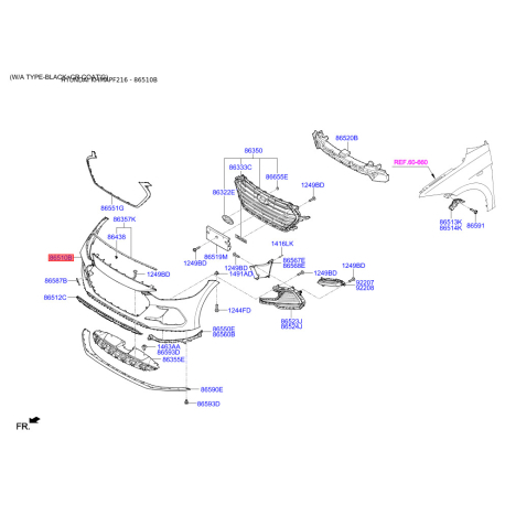 Бампер 86510-F2500 Mobis - 86510F2500 - схема з каталогу 86510B, KHMAPF216 86510F2500