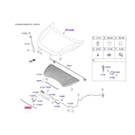 Ущільнювач капота 86435-D3000 Mobis - 86435D3000 - схема з каталогу 86435A, KHMAPD318 86435D3000