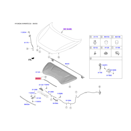 Ущільнювач капота 86437-D3000 Mobis - 86437D3000 - схема з каталогу 86456, KHMAPD318 86437D3000