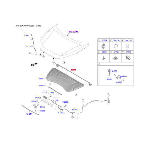 Шумоізоляція (теплоізоляція) капота 86430-D3000 Mobis - 86430D3000 - схема з каталогу 86430, KHMAPD318 86430D3000