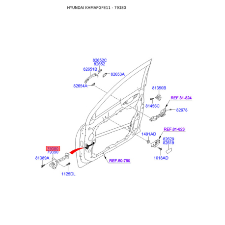 Петля боковой двери левая 79380-3S000 Mobis - 793803S000 - схема с каталога 79380, KHMAPGFE11 793803S000