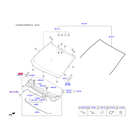 Молдинг (уплотнитель) лобового стекла левый 86153-3X000 Mobis - 861533X000 - схема с каталога 86151, KHMAPSD14 861533X000