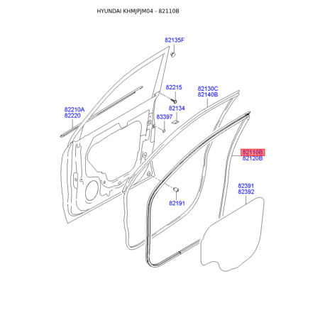 Уплотнитель (уплотнение) двери левый 82110-2E001 Mobis - 821102E001 - схема с каталога 82110B, KHMJPJM04 821102E001