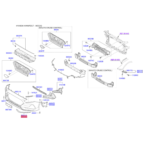 Накладка бампера нижня (губа) права нижня 86552-E6700 Mobis - 86552E6700 - схема з каталогу 86552Q, KHMAPE617 86552E6700