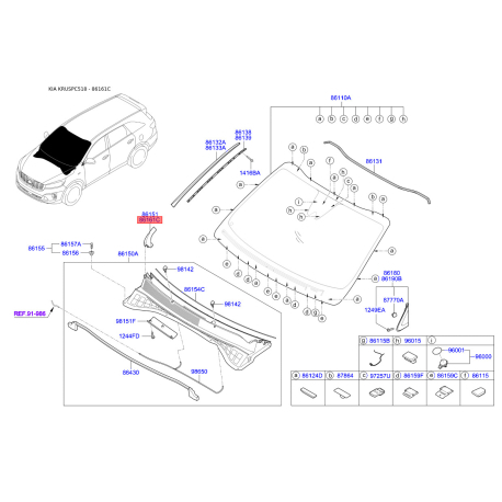Молдинг (ущільнювач) лобового скла правий 86154-C5000 Mobis - 86154C5000 - схема з каталогу 86161C, KRUSPC518 86154C5000