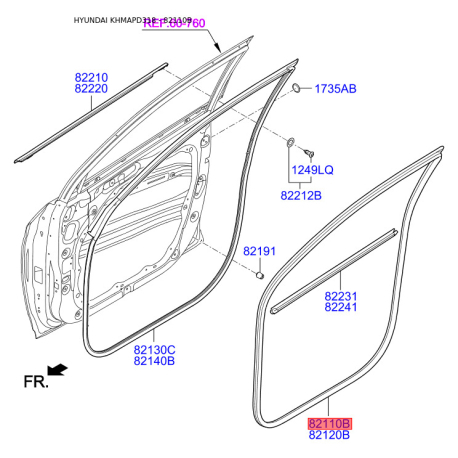 Уплотнитель (уплотнение) двери левый 82110-D3000 Mobis - 82110D3000 - схема с каталога 82110B, KHMAPD318 82110D3000