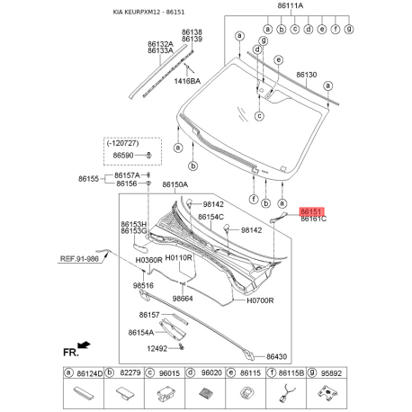 Молдинг (уплотнитель) лобового стекла левый 86153-2P500 Mobis - 861532P500 - схема с каталога 86151, KEURPXM12 861532P500