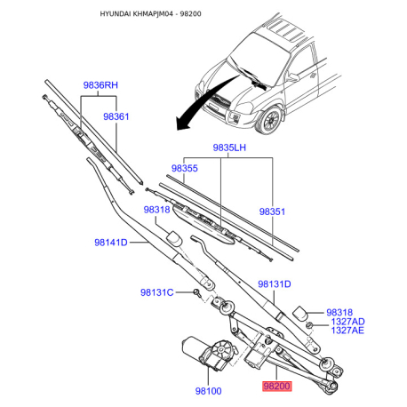 Привід склоочисника, система очищення вікон 98150-2E010 Mobis - 981502E010 - схема з каталогу 98200, KHMAPJM04 981502E010