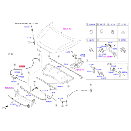 Тросик замка капота 81190-D7000 Mobis - 81190D7000 - схема с каталога 81190A, HEURPD718 81190D7000