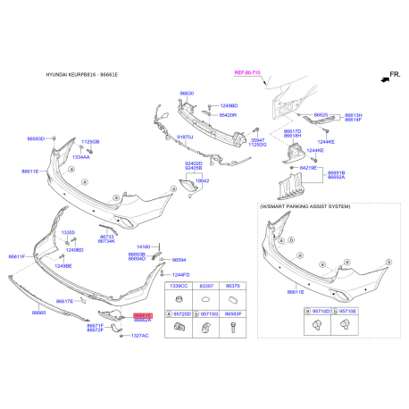 Кронштейн, глушитель левый 86661-B8500 Mobis - 86661B8500 - схема с каталога 86661E, KEURPB816 86661B8500