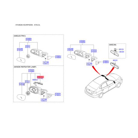 Повторитель поворотов на зеркале левый 87614-2H000 Mobis - 876142H000 - схема с каталога 87613L, KEURPHD06 876142H000