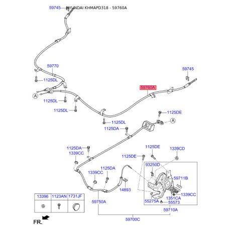 Трос стоянкової гальмівної системи лівий 59760-D3000 Mobis - 59760D3000 - схема з каталогу 59760A, KHMAPD318 59760D3000